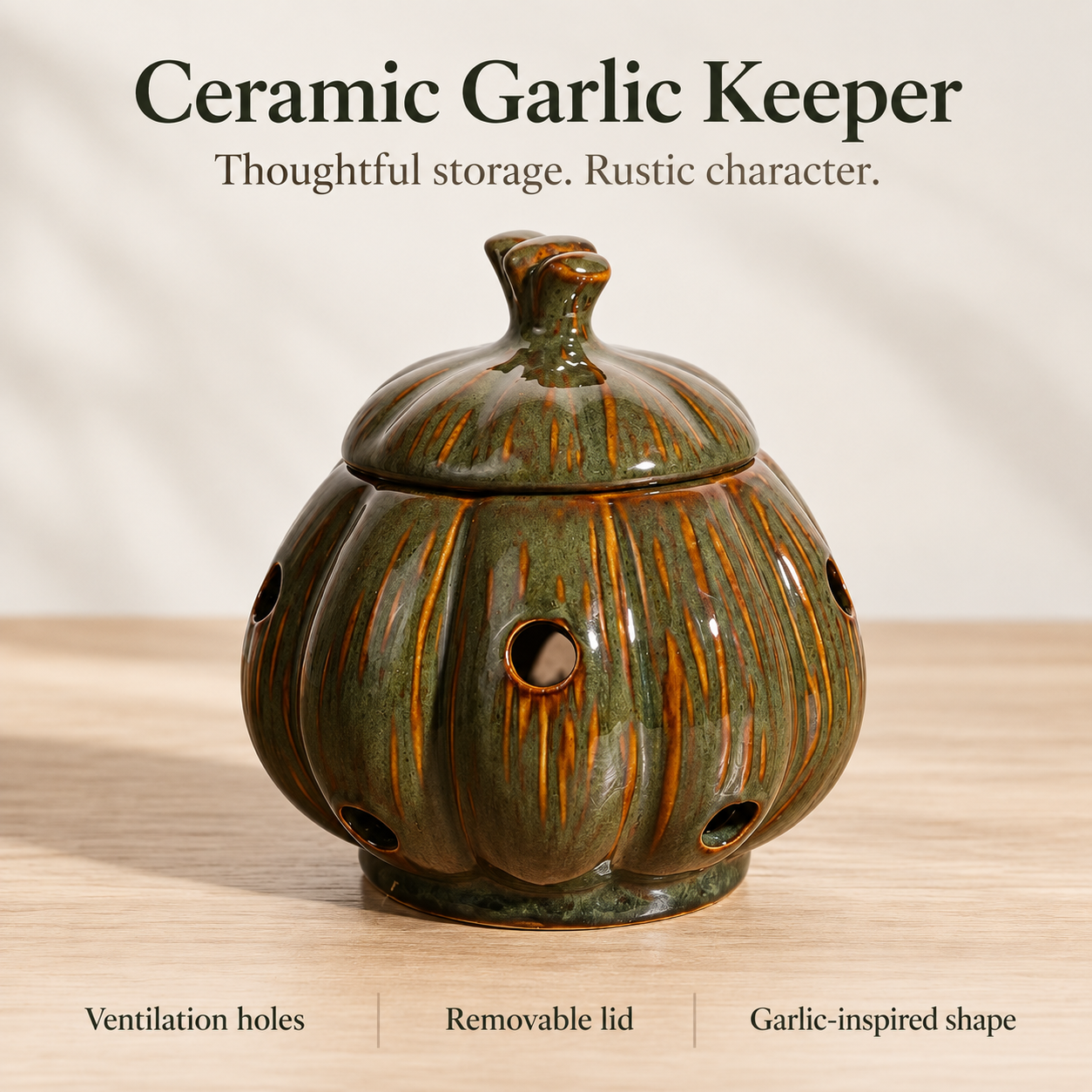 Garlic-Shaped Ceramic Garlic Keeper with Lid